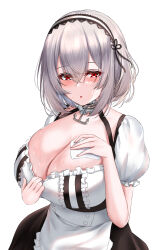 Rule 34 | 1girl, anchor choker, apron, azur lane, breasts, choker, cleavage, dress, frilled apron, frilled choker, frilled dress, frills, grey hair, hair between eyes, hairband, highres, lace-trimmed hairband, lace trim, large breasts, maid, match (scp115), red eyes, short hair, sirius (azur lane), solo, sweat, two-tone dress, wiping sweat