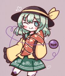 Rule 34 | 1girl, ;), black hat, blush, blush stickers, bow, closed mouth, croissant, floral print, food, frilled shirt collar, frilled sleeves, frills, green eyes, green hair, green skirt, hat, hat bow, heart, heart of string, highres, komeiji koishi, light green hair, long sleeves, medium hair, one eye closed, rose print, shirt, simple background, skirt, sleeves past wrists, smile, solo, sparkle, standing, standing on one leg, third eye, tongue, tongue out, touhou, waroemon, yellow bow, yellow shirt