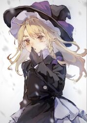 Rule 34 | 1girl, black dress, blonde hair, bow, braid, buttons, cowboy shot, dress, frilled skirt, frills, grey background, grey skirt, hair bow, hand up, hat, hat bow, highres, kirisame marisa, long hair, long sleeves, looking at viewer, no pupils, parted lips, purple bow, side braid, single braid, sketch, skirt, solo, tarutsu, touhou, upper body, witch hat, yellow eyes