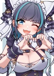 Rule 34 | 1girl, :3, absurdres, animal ears, apron, arm garter, azur lane, blue eyes, breasts, cheshire (azur lane), detached sleeves, fake animal ears, fang, frilled hairband, frilled ribbon, frills, grey hair, hairband, heart, heart hands, highres, large breasts, long ribbon, maid, maid headdress, multicolored hair, namaata, one eye closed, puffy detached sleeves, puffy sleeves, purple apron, ribbon, skin fang, smile, streaked hair, two-tone hair, upper body, wrist cuffs