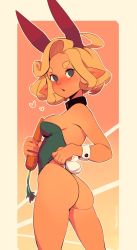 Rule 34 | 1girl, ahoge, animal ears, ass, bare arms, bare shoulders, black collar, blonde hair, blush, borrowed character, breasts, carrot, collar, commentary, cowboy shot, dark-skinned female, dark skin, english commentary, fake tail, green eyes, green leotard, heart, highres, leotard, looking at viewer, medium breasts, mocha (klimspree), no pupils, original, outline, parted lips, playboy bunny, pointy ears, rabbit ears, rabbit tail, short hair, simple background, solo, squeezable (squeezabledraws), tail, thick eyebrows, white outline, wrist cuffs