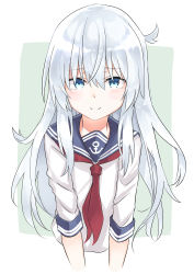 Rule 34 | 1girl, absurdres, anchor print, blue eyes, clenched hand, cropped torso, floating hair, hair between eyes, hibiki (kancolle), highres, kantai collection, long hair, looking at viewer, neckerchief, red neckerchief, senx, shirt, silver hair, smile, solo, upper body, very long hair, white shirt