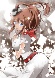 Rule 34 | 10s, 1girl, absurdres, arm between breasts, between breasts, blue eyes, breasts, breasts apart, brown hair, dress, from side, hair between eyes, high ponytail, highres, kantai collection, large breasts, long hair, looking at viewer, mouth hold, saratoga (kancolle), solo, takano yuuya, white dress