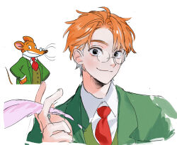 Rule 34 | 1boy, black eyes, closed mouth, collared shirt, furry, furry male, geronimo stilton, geronimo stilton (series), green jacket, hand up, holding, holding quill, humanization, jacket, looking at viewer, male focus, mouse (animal), necktie, orange hair, parted bangs, quill, red necktie, reference inset, shirt, short hair, sil435, simple background, white-framed eyewear, white background