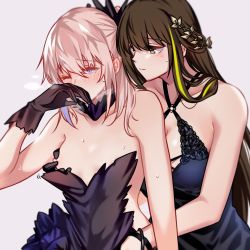 Rule 34 | 2girls, absurdres, black gloves, blush, breasts, brown eyes, brown hair, closed mouth, covering own mouth, detached collar, dress, ear blush, flat chest, girls&#039; frontline, gloves, green hair, hair between eyes, hand over own mouth, highres, large breasts, long hair, m4a1 (girls&#039; frontline), m4a1 (suspender of time) (girls&#039; frontline), multicolored hair, multiple girls, nipple stimulation, nipple tweak, nipples, official alternate costume, one eye closed, pink hair, st ar-15 (girls&#039; frontline), st ar-15 (prisoner of the dream) (girls&#039; frontline), streaked hair, upper body, yuri, yuutama2804