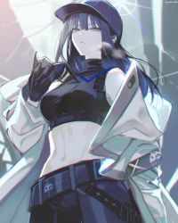 Rule 34 | 1girl, armband, bare shoulders, baseball cap, belt, black belt, black gloves, black hair, black hat, black mask, black pants, black shirt, blue archive, blue eyes, breasts, buckle, chest harness, coat, commentary, cowboy shot, crop top, etomai, gloves, halo, hand up, harness, hat, highres, holding, holding mask, holster, knife sheath, long hair, looking at viewer, mask, medium breasts, midriff, mouth mask, navel, off shoulder, open clothes, open coat, pants, parted lips, saori (blue archive), sheath, shirt, sidelocks, sleeveless, sleeveless shirt, snap-fit buckle, solo, standing, taut clothes, taut shirt, thigh holster, twitter username, underbust, unworn mask, white coat