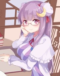 Rule 34 | 1girl, bad id, bad twitter id, bespectacled, blush, book, breast rest, breasts, bun cover, capelet, chair, crescent, crescent hair ornament, double bun, dress, glasses, hair bun, hair ornament, igayan, jpeg artifacts, large breasts, long hair, long sleeves, looking at viewer, open book, patchouli knowledge, pink eyes, purple hair, red-framed eyewear, sitting, smile, solo, striped clothes, striped dress, table, touhou, upper body