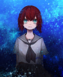 Rule 34 | 1girl, blue background, crying, green eyes, hatori chise, highres, le petit prince, looking at viewer, mahou tsukai no yome, red hair, school uniform, tears