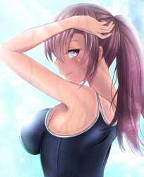 Rule 34 | 1girl, arm up, breasts, bright pupils, closed mouth, from side, highres, kanna (minamozuki), light smile, long hair, looking at viewer, medium breasts, one-piece swimsuit, original, ponytail, purple eyes, purple hair, school swimsuit, solo, swimsuit, tan, tanline, upper body, wet, white pupils