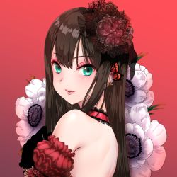 Rule 34 | 1girl, bare shoulders, black gloves, brown hair, choker, closed mouth, commentary request, earrings, flower, gloves, gradient background, green eyes, hair flower, hair ornament, idolmaster, idolmaster cinderella girls, idolmaster cinderella girls starlight stage, jewelry, lips, long hair, looking at viewer, love destiny, maou (demonlord), red background, red choker, shibuya rin, solo, upper body