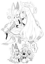Rule 34 | 2girls, ?, absurdly long hair, animal ear fluff, animal ears, blue archive, blush, buttons, cake, chibi, detached sleeves, double-breasted, dress, extra ears, feeding, flying sweatdrops, food, force-feeding, fox ears, gloom (expression), greyscale, halo, hands on another&#039;s waist, highres, jitome, long hair, low wings, mika (blue archive), monochrome, multiple girls, scrunchie, seia (blue archive), sleeves past fingers, sleeves past wrists, speech bubble, spoken question mark, swiss roll, thought bubble, very long hair, wings, wrist scrunchie, yun (dust-i1)