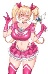 Rule 34 | 1girl, \m/, absurdres, akkgsyk, blonde hair, blush, breasts, choker, frills, gloves, hair between eyes, half-closed eyes, highres, holding, holding wand, large breasts, long hair, looking at viewer, magical girl, midriff, navel, nijisanji, nui sociere, open mouth, pink gloves, pink thighhighs, simple background, skirt, solo, sweat, thighhighs, twintails, virtual youtuber, wand, white background, yellow eyes
