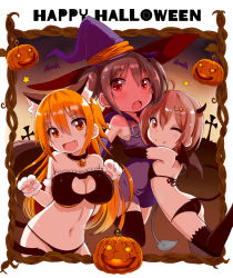 Rule 34 | 3girls, animal ears, animal hands, ass, bat (animal), bell, bikini, black legwear, blush, breasts, cat ears, cat lingerie, cleavage, cleavage cutout, clothing cutout, collar, collarbone, demon tail, demon wings, fang, gloves, hair ornament, hairclip, halloween, happy halloween, hat, hug, jack-o&#039;-lantern, large breasts, long hair, meme attire, multiple girls, navel, neck bell, one eye closed, open mouth, original, paw gloves, red eyes, short hair, small breasts, smile, star (symbol), swimsuit, tail, thighhighs, two side up, wings, witch hat, yasagure yukito, yellow eyes