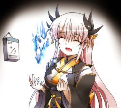 Rule 34 | 1girl, 2017, :d, april fools, burning, calendar (object), closed eyes, commentary request, dated, fate/grand order, fate (series), fire, hair ornament, horns, japanese clothes, kimono, kiyohime (fate), kiyohime (third ascension) (fate), long hair, open mouth, sash, smile, solo, suga leon, wide sleeves