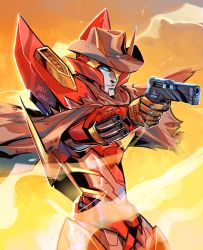 Rule 34 | 1boy, absurdres, autobot, blue eyes, brown hat, clothed robot, commentary, cowboy hat, dust, english commentary, gun, hat, highres, holding, holding gun, holding weapon, lina rojas, male focus, mecha, no humans, one eye covered, parted lips, robot, rodimus, science fiction, solo, the transformers (idw), transformers, weapon, western comics (style)