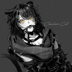 Rule 34 | 1other, androgynous, animal ears, bound, bound arms, cat ears, copyright request, greyscale, hair ornament, highres, medium hair, monochrome, open mouth, sazanamiryo, spot color, tagme, upper body, virtual youtuber, yellow eyes