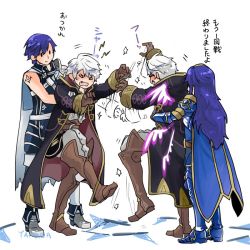 Rule 34 | 1girl, 3boys, artist request, blue hair, cape, chrom (fire emblem), dark persona, father and daughter, fire emblem, fire emblem awakening, fire emblem heroes, grima (fire emblem), hood, long hair, lucina (fire emblem), multiple boys, nintendo, robin (fire emblem), robin (male) (fire emblem), short hair, smile, tiara, translation request, white hair