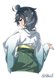 Rule 34 | 10s, 1girl, black hair, blue eyes, blush, ebifurya, from behind, green eyes, green skirt, hand on own hip, hat, highres, japanese clothes, kantai collection, kimono, looking at viewer, matsukaze (kancolle), meiji schoolgirl uniform, mini hat, mini top hat, short hair, simple background, skirt, skirt set, smile, solo, swept bangs, top hat, tsurime, wavy hair, white background, wide sleeves