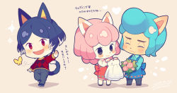 Rule 34 | 1boy, 2girls, :3, :d, animal crossing, animal ears, apron, blouse, blue apron, blue hair, blue shirt, blush stickers, bouquet, bug, butterfly, chibi, closed mouth, colored tips, commentary request, cyrus (animal crossing), dated, closed eyes, flower, full body, highres, holding, holding bouquet, holding clothes, humanization, insect, long sleeves, multicolored hair, multiple girls, nintendo, open mouth, pants, personification, pink hair, red apron, red eyes, red sweater, reese (animal crossing), rover (animal crossing), shirt, signature, smile, sparkle, standing, sweater, tail, two-tone hair, white hair, white shirt, yumenouchi chiharu