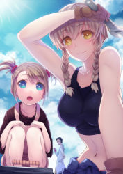 Rule 34 | 2girls, :o, amane suzuha, bare shoulders, blue eyes, braid, breasts, brown eyes, brown hair, child, cloud, crop top, covered erect nipples, gloves, impossible clothes, impossible shirt, large breasts, long hair, looking at viewer, midriff, multiple girls, navel, okabe rintarou, open mouth, pen (steelleets), shirt, short hair, short twintails, sky, smile, squatting, staring, steins;gate, taut clothes, taut shirt, tennouji nae, twin braids, twintails, wrench, yellow eyes