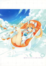 Rule 34 | 1girl, absurdres, bare shoulders, blue eyes, breasts, day, elbow gloves, full body, gloves, hair ornament, headphones, highres, leotard, long hair, medium breasts, neptune (series), official art, orange hair, orange heart (neptunia), power symbol, power symbol-shaped pupils, scan, shin jigen game neptune vii, sitting, solo, symbol-shaped pupils, tsunako, twintails, white gloves