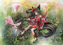 Rule 34 | 1girl, abstract background, animal ears, beads, black eyes, black hair, carp, dated, detached sleeves, fish, floating hair, floral print, japanese clothes, kimono, light particles, long hair, mosho, needle, open mouth, original, painting (medium), platform footwear, sandals, signature, solo, string, string of fate, tail, traditional media, very long hair, watercolor (medium), yukata