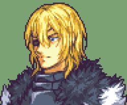 Rule 34 | 1boy, angry, armor, blonde hair, blue eyes, breastplate, cape, close-up, closed mouth, commentary, dimitri alexandre blaiddyd, english commentary, eyepatch, fire emblem, fire emblem: three houses, fur cape, glaceo, green background, lowres, male focus, nintendo, parody, pixel art, portrait, short hair, solo, style parody