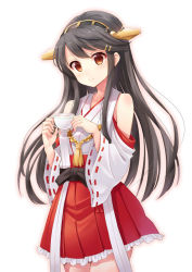 Rule 34 | 10s, 1girl, bare shoulders, black hair, blush, brown eyes, cup, detached sleeves, frilled skirt, frills, hair ornament, hairband, hairclip, haruna (kancolle), hyuuga azuri, japanese clothes, kantai collection, long hair, looking at viewer, miko, personification, ribbon-trimmed sleeves, ribbon trim, skirt, smile, solo, teacup
