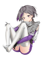 Rule 34 | 1girl, blush, contender (girls&#039; frontline), feet, feet together, frilled shirt collar, frills, girls&#039; frontline, gloves, grey hair, grey shirt, highres, knees apart feet together, looking at viewer, multicolored hair, no shoes, open mouth, pants, pixel (yuxian), purple hair, purple pants, shirt, short hair, short shorts, shorts, simple background, sitting, solo, streaked hair, thighhighs, white background, white thighhighs, zettai ryouiki