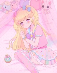 Rule 34 | 1girl, blonde hair, blush, bow, bracelet, center frills, closed mouth, curtains, feet out of frame, frilled skirt, frills, frown, hair bow, hair ornament, heart, heart-shaped pillow, highres, hoshikuzu (pinkholic), idol clothes, idol time pripara, jewelry, long hair, looking down, lying, on bed, on side, own hands together, pillow, pink bow, pink shirt, pink skirt, pink thighhighs, pretty series, pripara, purple eyes, ringlets, sad, shirt, skirt, solo, star (symbol), star hair ornament, stuffed animal, stuffed rabbit, stuffed toy, stuffed unicorn, tearing up, thighhighs, two side up, yumekawa yui