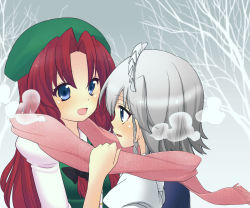 Rule 34 | 2girls, blue eyes, blush, bow, braid, breath, gradient background, grey background, hair bow, haruta (806060), highres, hong meiling, izayoi sakuya, maid headdress, morishima kon, multiple girls, open mouth, parted lips, pink scarf, red hair, scarf, shared clothes, shared scarf, silver hair, smile, touhou, tree, twin braids, yuri