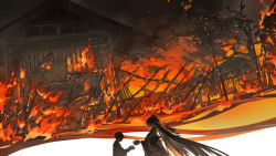 Rule 34 | 1boy, 1girl, bare tree, black hair, burning, burning building, character request, child, fence, fire, floating hair, flower, from side, giving, hair flower, hair ornament, higanbana (onmyoji), holding, holding flower, house, inset, japanese clothes, kimono, long hair, long sleeves, off shoulder, onmyoji, outstretched arms, overcast, projected inset, short hair, sky, smoke, spider lily, starstruckdon, tree, very long hair, village, wide sleeves