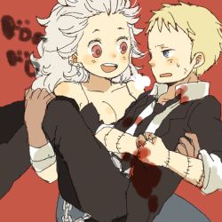 Rule 34 | 1boy, 1girl, :d, blonde hair, blood, blue eyes, carrying, dorohedoro, earrings, formal, gloves, jewelry, necktie, no eyewear, noi (dorohedoro), open mouth, princess carry, red eyes, shin (dorohedoro), smile, stitches, suit, sweatdrop, white hair, yukke