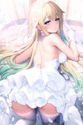 Rule 34 | 1girl, absurdres, aizawa ema, armpit crease, ass, back, bare arms, bare back, bare shoulders, blonde hair, blue eyes, bridal veil, choker, closed mouth, dress, earrings, from behind, gloves, highres, jewelry, lace, lace-trimmed thighhighs, layered dress, long hair, looking at viewer, looking back, lying, median furrow, on stomach, panties, pantyshot, shoulder blades, smile, solo, strapless, strapless dress, sugiki, thighhighs, underwear, veil, virtual youtuber, vspo!, wedding dress, white choker, white dress, white gloves, white thighhighs