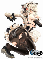 Rule 34 | 1girl, :q, animal ears, apron, ass, bare shoulders, bell, black footwear, black panties, black ribbon, blush, braid, breasts, cat ears, cat girl, cat tail, frills, full body, hair between eyes, highres, jingle bell, lace, lace-trimmed panties, lace trim, leg up, logo, looking at viewer, looking back, lying, maid, maid headdress, medium breasts, mo:oku, official art, on stomach, panties, panties under pantyhose, pantyhose, ribbon, shoe loss, shoes, short hair, sideboob, silver hair, simple background, skindentation, slit pupils, smile, soles, solo, suggestive fluid, tail, tail ornament, tail ribbon, thighband pantyhose, toes, tongue, tongue out, torn clothes, torn pantyhose, underwear, unleashed, wavy hair, white background, yellow eyes