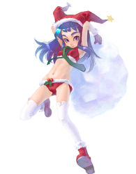 Rule 34 | 1girl, blue hair, christmas, hat, jester cap, necktie, santa costume, simple background, solo, thighhighs, weno