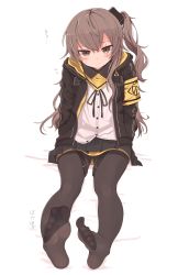 Rule 34 | 1girl, absurdres, arm support, armband, black pantyhose, black skirt, blush, brown eyes, closed mouth, crossed bangs, girls&#039; frontline, grey hair, highres, hood, hooded jacket, jacket, kahlua (artist), long hair, long sleeves, looking at viewer, no shoes, one side up, pantyhose, pleated skirt, scar, scar across eye, scar on face, shirt, sitting, skirt, soles, solo, toes, ump45 (girls&#039; frontline), white shirt