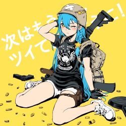Rule 34 | 1girl, ;(, arm at side, arm up, text background, backpack, bag, black gloves, black shirt, braid, brown eyes, character request, clothes writing, commentary request, copyright request, crossed bandaids, frying pan, full body, gloves, gun, hair between eyes, hair ornament, handgun, helmet, highres, long hair, looking at viewer, no socks, pistol, playerunknown&#039;s battlegrounds, pouch, shell casing, shirt, short shorts, short sleeves, shorts, side braid, sitting, solo, star (symbol), star hair ornament, star print, straight hair, symbol-shaped pupils, teardrop, thigh pouch, translation request, ume (yume uta da), v-shaped eyebrows, very long hair, virtual youtuber, wariza, weapon, weapon on back, weapon request, white footwear, white shorts, yellow background