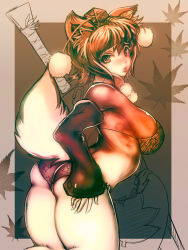 Rule 34 | 1girl, animal ears, ass, bad anatomy, bad id, bad pixiv id, bare shoulders, bikini, breasts, cong1991, detached sleeves, female focus, hat, inubashiri momiji, large breasts, leaf, lips, looking back, maple leaf, monochrome, short hair, solo, swimsuit, sword, tail, tokin hat, touhou, weapon, wolf ears, wolf tail