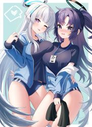 Rule 34 | 2girls, ;p, absurdres, black shirt, blue archive, blue buruma, blue jacket, blush, breasts, buruma, grey hair, halo, heart, highres, id card, jacket, kinyouny, lanyard, large breasts, long hair, looking at viewer, multiple girls, noa (blue archive), official alternate costume, one eye closed, open mouth, ponytail, purple eyes, purple hair, shirt, short sleeves, smile, speech bubble, spoken heart, star sticker, sticker on face, thighs, tongue, tongue out, track jacket, very long hair, yuuka (blue archive), yuuka (track) (blue archive)