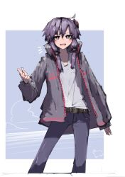 Rule 34 | 1girl, adpx, ahoge, belt, commentary request, denim, fanged bangs, hair ornament, jacket, jeans, long sleeves, looking at viewer, low-tied sidelocks, notice lines, open clothes, open jacket, pants, parody, purple eyes, purple hair, shirt, short hair with long locks, sidelocks, signature, simple background, smile, style parody, voiceroid, white shirt, yuzuki yukari