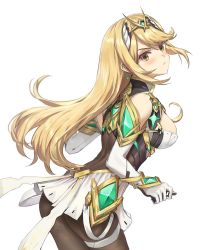 Rule 34 | 1girl, ass, athenawyrm, bare shoulders, black pantyhose, blonde hair, blush, breasts, chest jewel, cleavage, cleavage cutout, clothing cutout, dress, earrings, elbow gloves, gem, gloves, hair ornament, headpiece, highres, jewelry, large breasts, long hair, looking at viewer, mythra (massive melee) (xenoblade), mythra (xenoblade), nintendo, pantyhose, short dress, simple background, solo, super smash bros., swept bangs, thigh strap, tiara, white background, white dress, white gloves, xenoblade chronicles (series), xenoblade chronicles 2, yellow eyes
