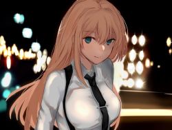 Rule 34 | 1girl, alternate costume, bismarck (kancolle), black necktie, blonde hair, blue eyes, blurry, blush, bokeh, breasts, closed mouth, collared shirt, depth of field, eyelashes, hair between eyes, highres, kantai collection, lights, long hair, long sleeves, looking at viewer, necktie, okayu (papiko1111), shirt, smile, solo, suspenders, tie clip, upper body, white shirt