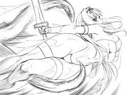 Rule 34 | 1girl, aquaplus, armor, bare shoulders, bikini armor, blush, breasts, breasts squeezed together, cleavage, clenched teeth, covered erect nipples, from below, from side, full body, greyscale, hair between eyes, holding, holding sword, holding weapon, kusugawa sasara, large breasts, long hair, looking at viewer, manaka de ikuno!!, monochrome, nose, rindou (radical dream), sidelocks, sketch, sleeveless, sword, teeth, tentacles, thick thighs, thighhighs, thighs, to heart, to heart (series), to heart 2, to heart 2 dungeon travelers, toned, toned female, very long hair, weapon, wet, wide hips
