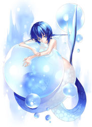 Rule 34 | 1girl, blue eyes, blue hair, blue theme, bubble, completely nude, expressionless, fantasy, fins, head fins, kousaki rui, long tail, looking at viewer, matching hair/eyes, mermaid, monster girl, nude, original, see-through, short hair, solo, tail