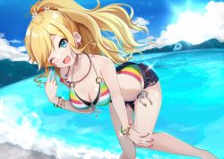 Rule 34 | 1girl, ;d, bare shoulders, beach, belt, bikini, blonde hair, blue eyes, blue sky, blush, bracelet, breasts, cleavage, cloud, collarbone, day, earrings, hair ornament, halterneck, idolmaster, idolmaster cinderella girls, jewelry, large breasts, long hair, looking at viewer, nail polish, necklace, o-ring, o-ring top, obybuss, ocean, ohtsuki yui, one eye closed, open mouth, outdoors, pink nails, ponytail, short shorts, shorts, side-tie bikini bottom, sky, smile, solo, swept bangs, swimsuit, water, wavy hair
