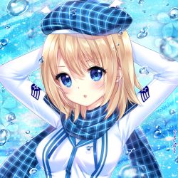 Rule 34 | 1girl, :o, arms behind head, arms up, artist name, beret, blonde hair, blue eyes, blue hat, blue scarf, blush, borrowed character, emblem, eyelashes, hat, jacket, long sleeves, looking at viewer, nami (nyaa), open mouth, original, plaid, plaid headwear, plaid scarf, player character (mabinogi), portrait, recirah, scarf, short hair, solo, tareme, uniform, upper body, water, water drop, white jacket, winged hat