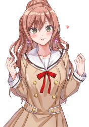 Rule 34 | 1girl, absurdres, bang dream!, blush, bow, breasts, brown dress, brown eyes, brown hair, dress, earrings, hair between eyes, hands up, heart, high ponytail, highres, imai lisa, jewelry, long hair, long sleeves, looking at viewer, parted lips, ponytail, rabbit earrings, red bow, sailor collar, sailor dress, school uniform, simple background, small breasts, solo, tiny (tini3030), very long hair, white background, white sailor collar