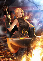 Rule 34 | 1girl, anvil, black mittens, blacksmith, blonde hair, blue hairband, breasts, brown eyes, bucket, chain, drawing (object), embers, eu (euspia), fire, forge, glowing hot, hairband, hammer, highres, holding, holding hammer, jewelry, korean commentary, large breasts, looking at viewer, mittens, necklace, novel illustration, official art, open mouth, parted lips, regressor&#039;s instruction manual, ring, ring necklace, shirt, sleeveless, sleeveless shirt, solo, steam, sweat, teeth, upper teeth only, yoo ahyoung