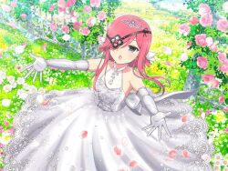 Rule 34 | 1girl, bare shoulders, blue eyes, blush, bow, bride, daisy, dress, elbow gloves, eyepatch, falling petals, fence, field, flat chest, flower, flower field, frilled dress, frills, garden, gloves, grass, hair over one eye, jewelry, kazakiri (senran kagura), lace, lace-trimmed dress, lace trim, leaf, looking at viewer, official alternate costume, official art, one eye covered, open mouth, petals, pink flower, pink hair, pink rose, pond, reaching, reaching towards viewer, rose, senran kagura, senran kagura new link, short hair, short twintails, solo, tiara, tongue, twintails, wedding dress, white bow, white dress, white flower, white gloves, yaegashi nan